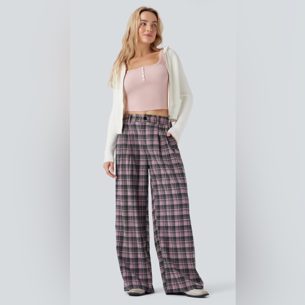 HALARA High Waisted Plaid Wide Leg  Casual Pants with Pockets